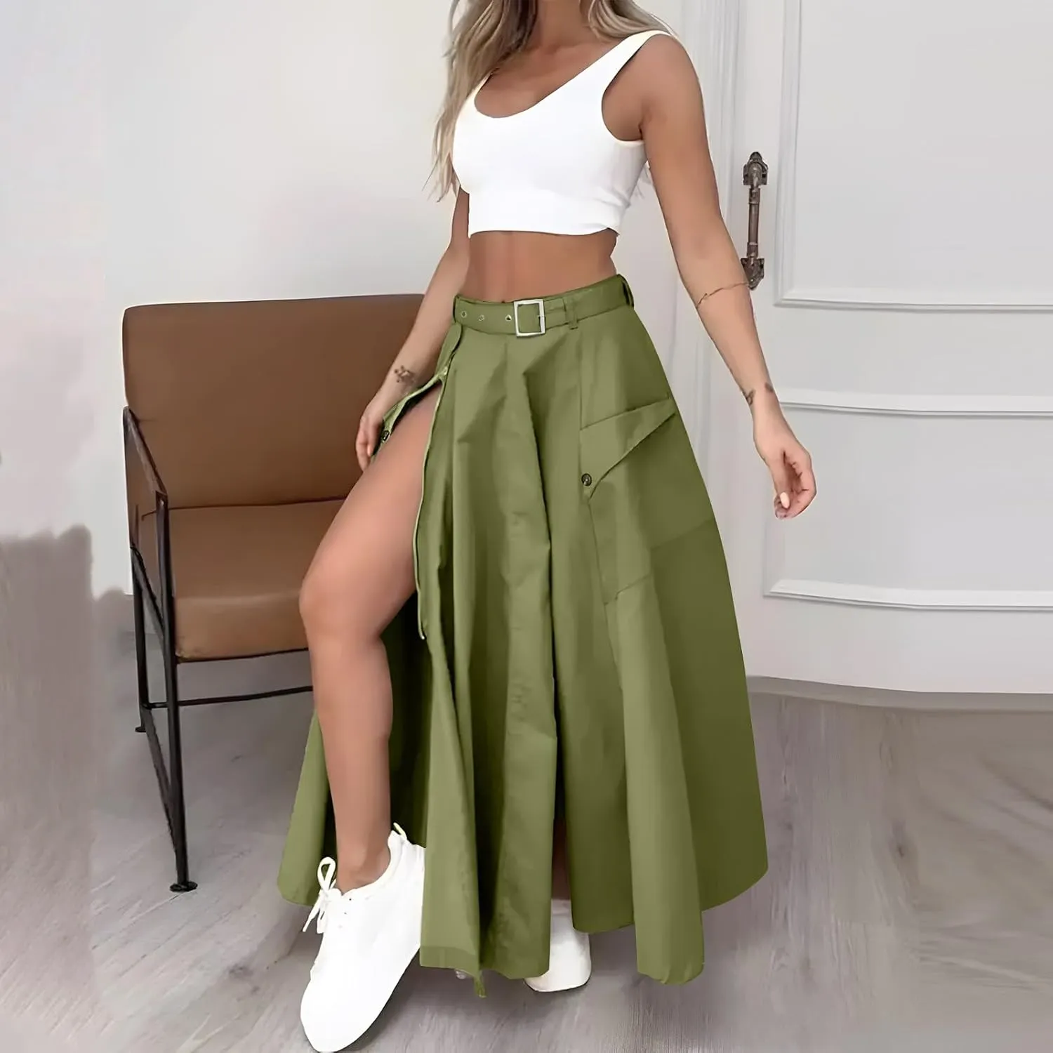 Two Piece Skirt Set for Women 2 Pieces Summer Outfits Tank Crop Top D Ring Waist Side Slit Midi Skirt Vacation Sets