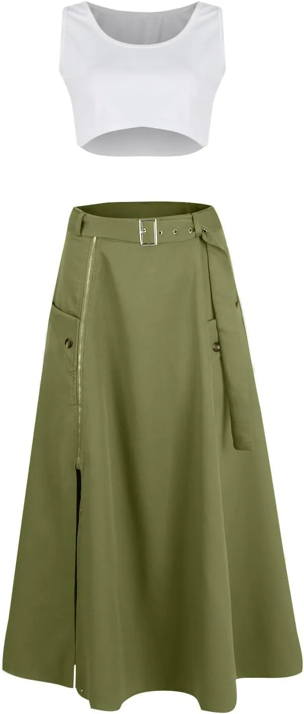 Two Piece Skirt Set for Women 2 Pieces Summer Outfits Tank Crop Top D Ring Waist Side Slit Midi Skirt Vacation Sets