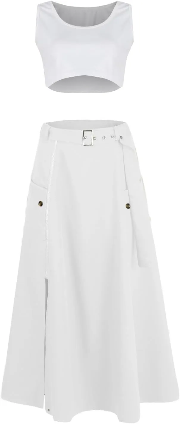 Two Piece Skirt Set for Women 2 Pieces Summer Outfits Tank Crop Top D Ring Waist Side Slit Midi Skirt Vacation Sets