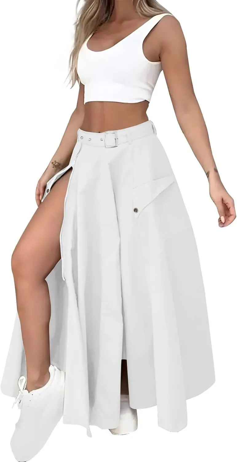Two Piece Skirt Set for Women 2 Pieces Summer Outfits Tank Crop Top D Ring Waist Side Slit Midi Skirt Vacation Sets
