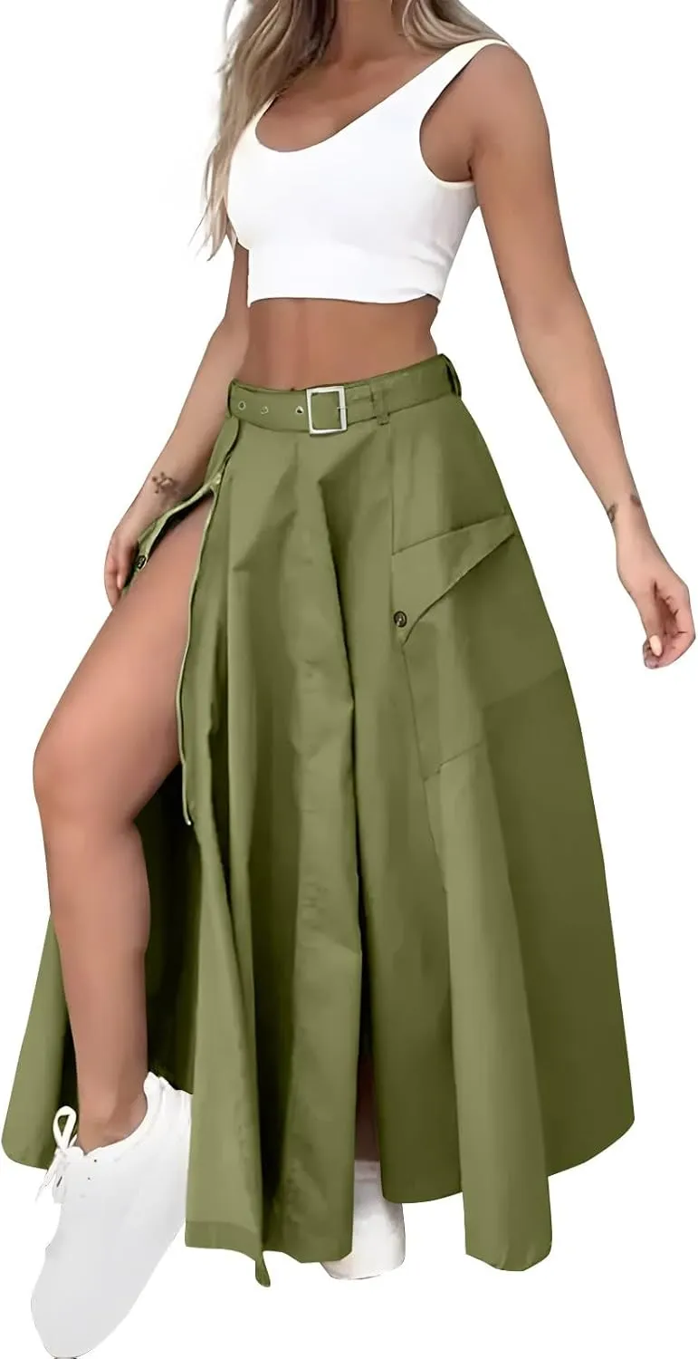 Two Piece Skirt Set for Women 2 Pieces Summer Outfits Tank Crop Top D Ring Waist Side Slit Midi Skirt Vacation Sets