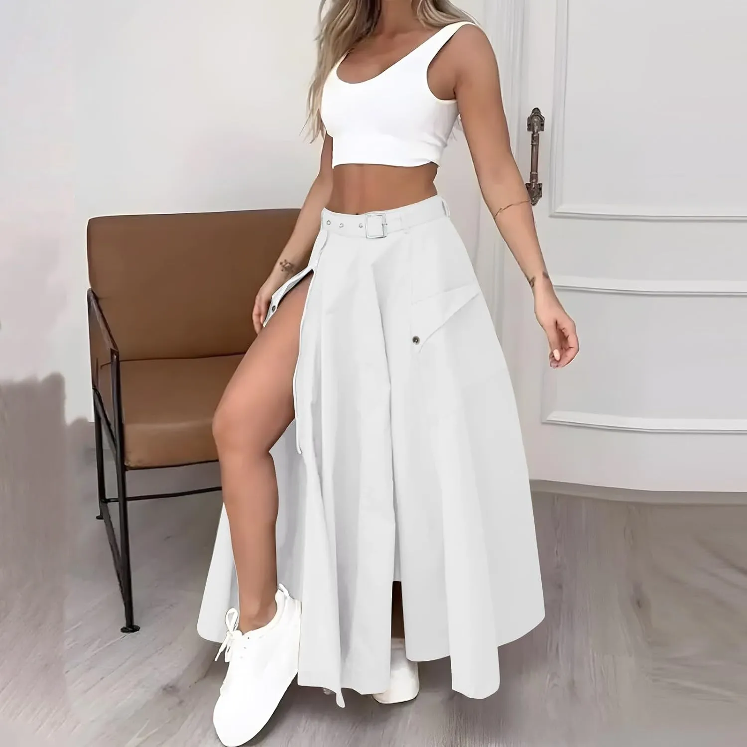 Two Piece Skirt Set for Women 2 Pieces Summer Outfits Tank Crop Top D Ring Waist Side Slit Midi Skirt Vacation Sets