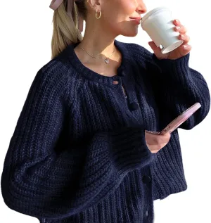 VDWIP Womens Cardigan Sweaters Button Down Chunky Knit Sweater Fall Loose Long Sleeve Cropped Cardigan