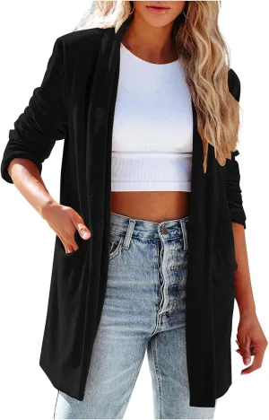 Velvet Cardigan for Women Long Lapel Long Sleeve Shirt with Pockets Mid-Length Open Front Trench Kimono Coat