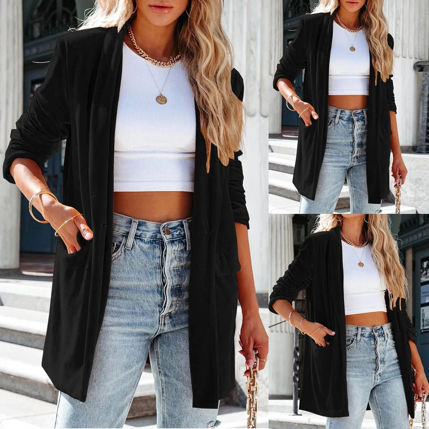 Velvet Cardigan for Women Long Lapel Long Sleeve Shirt with Pockets Mid-Length Open Front Trench Kimono Coat