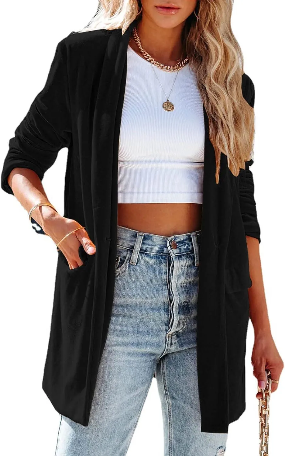 Velvet Cardigan for Women Long Lapel Long Sleeve Shirt with Pockets Mid-Length Open Front Trench Kimono Coat