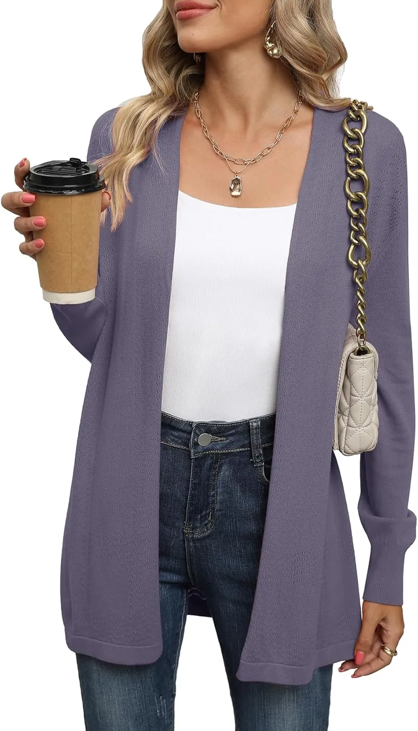 VIISHOW Womens Open Front Lightweight Cardigan Basic Knit Sweater Casual Long Sleeve Shawl Collar Sweaters Coat Soft Outwear