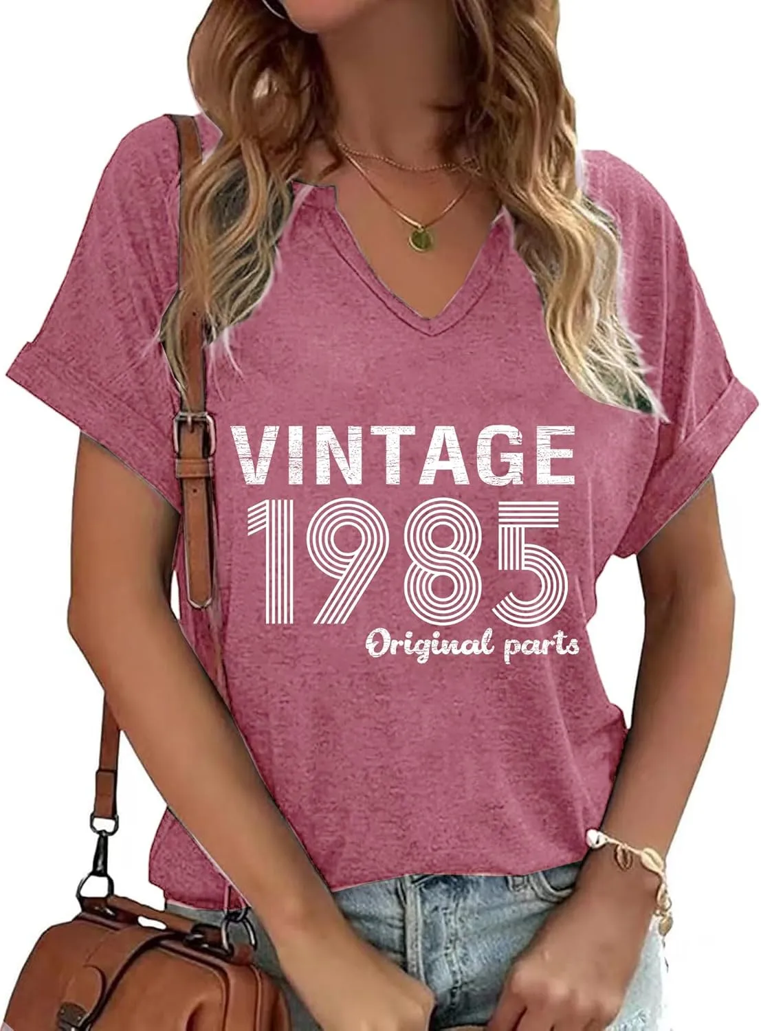 Vintage 1985 V-Neck T-Shirt for Women 40th Birthday Gift Born in 1985 Loose Graphic Top