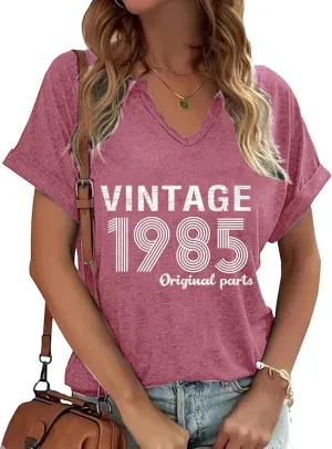 Vintage 1985 V-Neck T-Shirt for Women 40th Birthday Gift Born in 1985 Loose Graphic Top