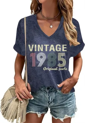 Vintage 1985 V-Neck T-Shirt for Women 40th Birthday Gift Born in 1985 Loose Graphic Top