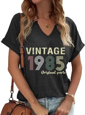 Vintage 1985 V-Neck T-Shirt for Women 40th Birthday Gift Born in 1985 Loose Graphic Top