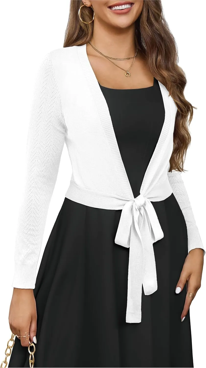 VOIANLIMO Women's Cardigan Knit Sweaters Long Sleeve Cropped Tie Front Bolero Shrug for Dresses S-XL