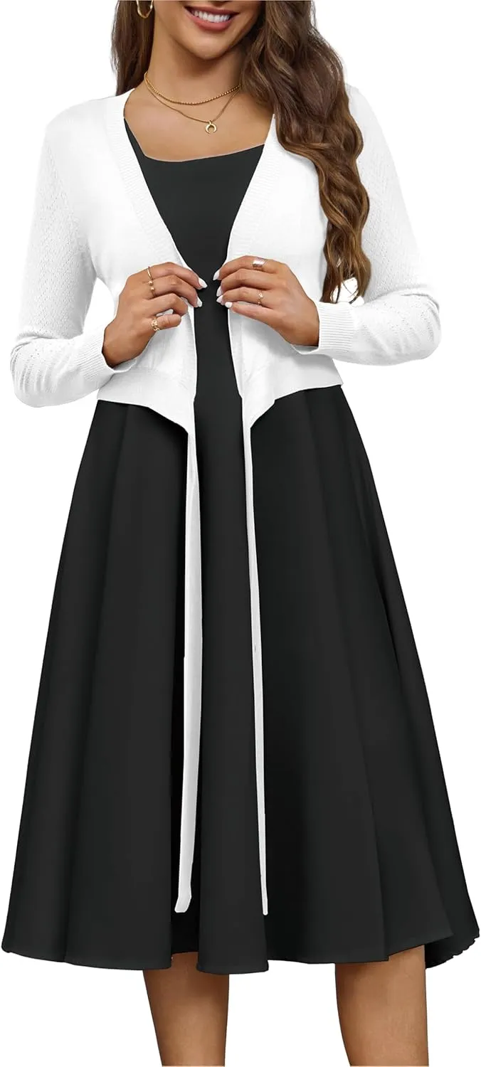 VOIANLIMO Women's Cardigan Knit Sweaters Long Sleeve Cropped Tie Front Bolero Shrug for Dresses S-XL