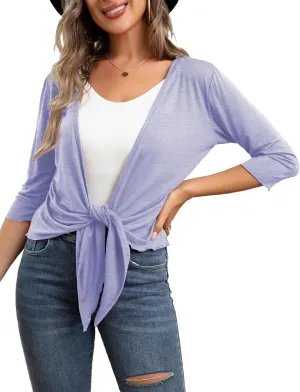 VOIANLIMO Women's Tie Front Casual 3/4 Sleeve Cropped Bolero Lightweight Sheer Shrug Cardigans S-XL
