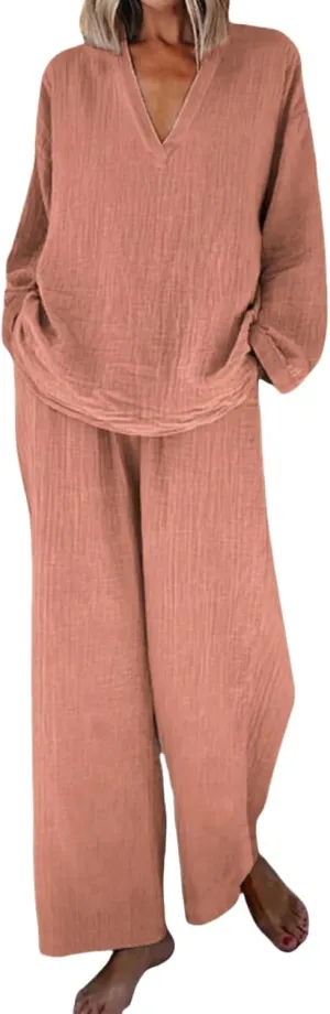 Women 2 Piece Linen Sets 2024 Long Sleeve Shirt Drawstring Wide Leg Pants Set Summer Outfits Linen Pant Suits Women