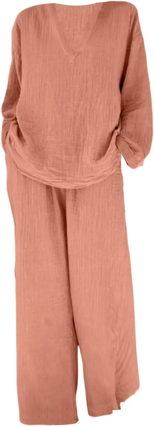 Women 2 Piece Linen Sets 2024 Long Sleeve Shirt Drawstring Wide Leg Pants Set Summer Outfits Linen Pant Suits Women
