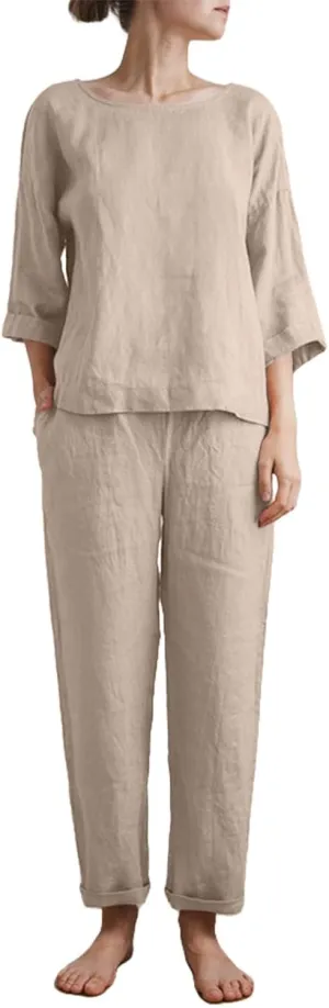 Women 2 Piece Linen Sets 2024 Long Sleeve Shirt Drawstring Wide Leg Pants Set Summer Outfits Linen Pant Suits Women