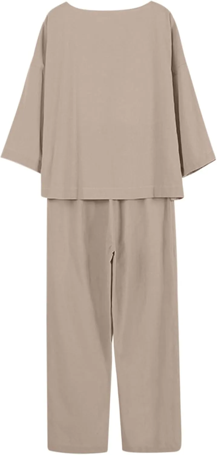 Women 2 Piece Linen Sets 2024 Long Sleeve Shirt Drawstring Wide Leg Pants Set Summer Outfits Linen Pant Suits Women