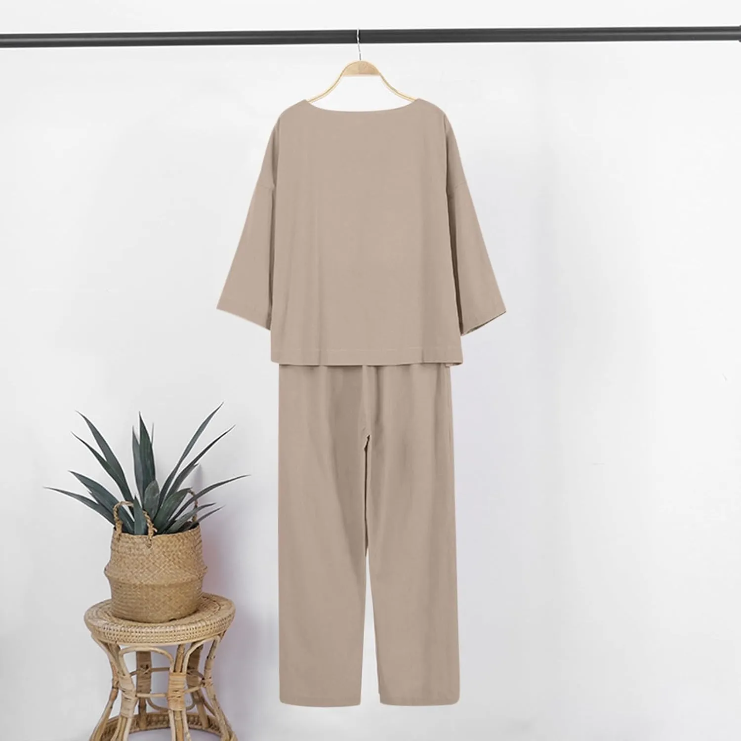 Women 2 Piece Linen Sets 2024 Long Sleeve Shirt Drawstring Wide Leg Pants Set Summer Outfits Linen Pant Suits Women