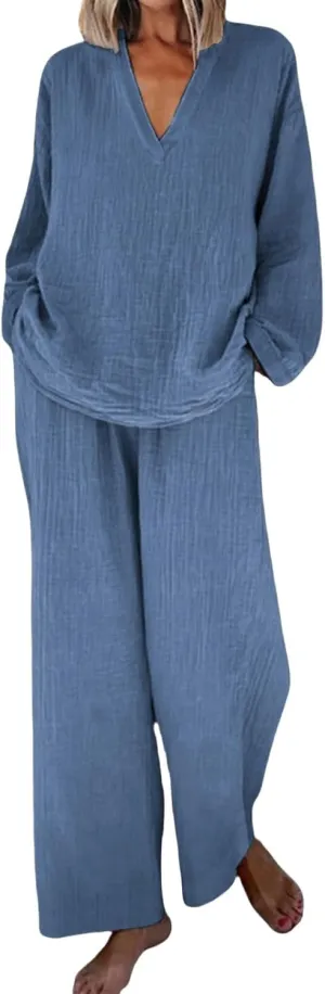 Women 2 Piece Linen Sets 2024 Long Sleeve Shirt Drawstring Wide Leg Pants Set Summer Outfits Linen Pant Suits Women