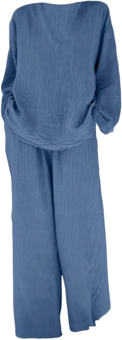 Women 2 Piece Linen Sets 2024 Long Sleeve Shirt Drawstring Wide Leg Pants Set Summer Outfits Linen Pant Suits Women