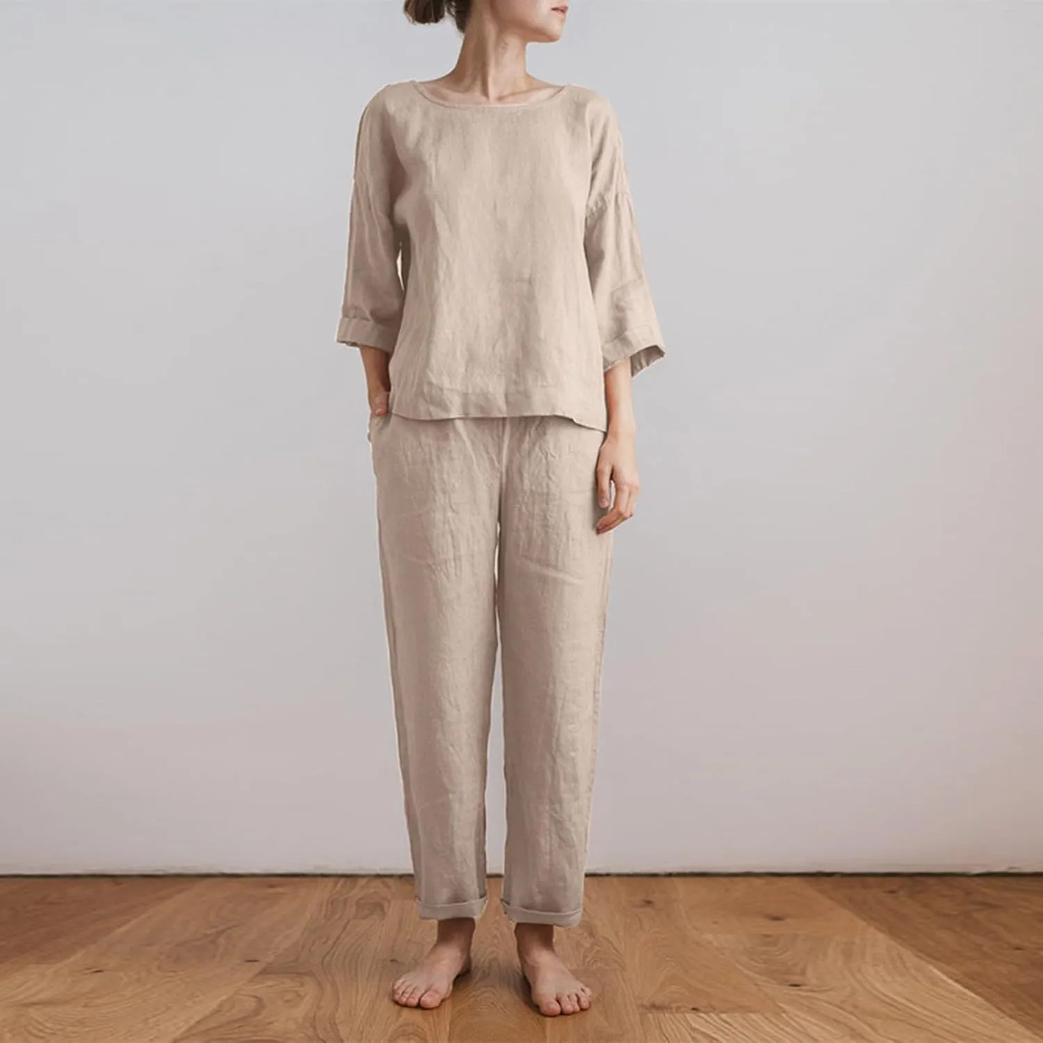 Women 2 Piece Linen Sets 2024 Long Sleeve Shirt Drawstring Wide Leg Pants Set Summer Outfits Linen Pant Suits Women