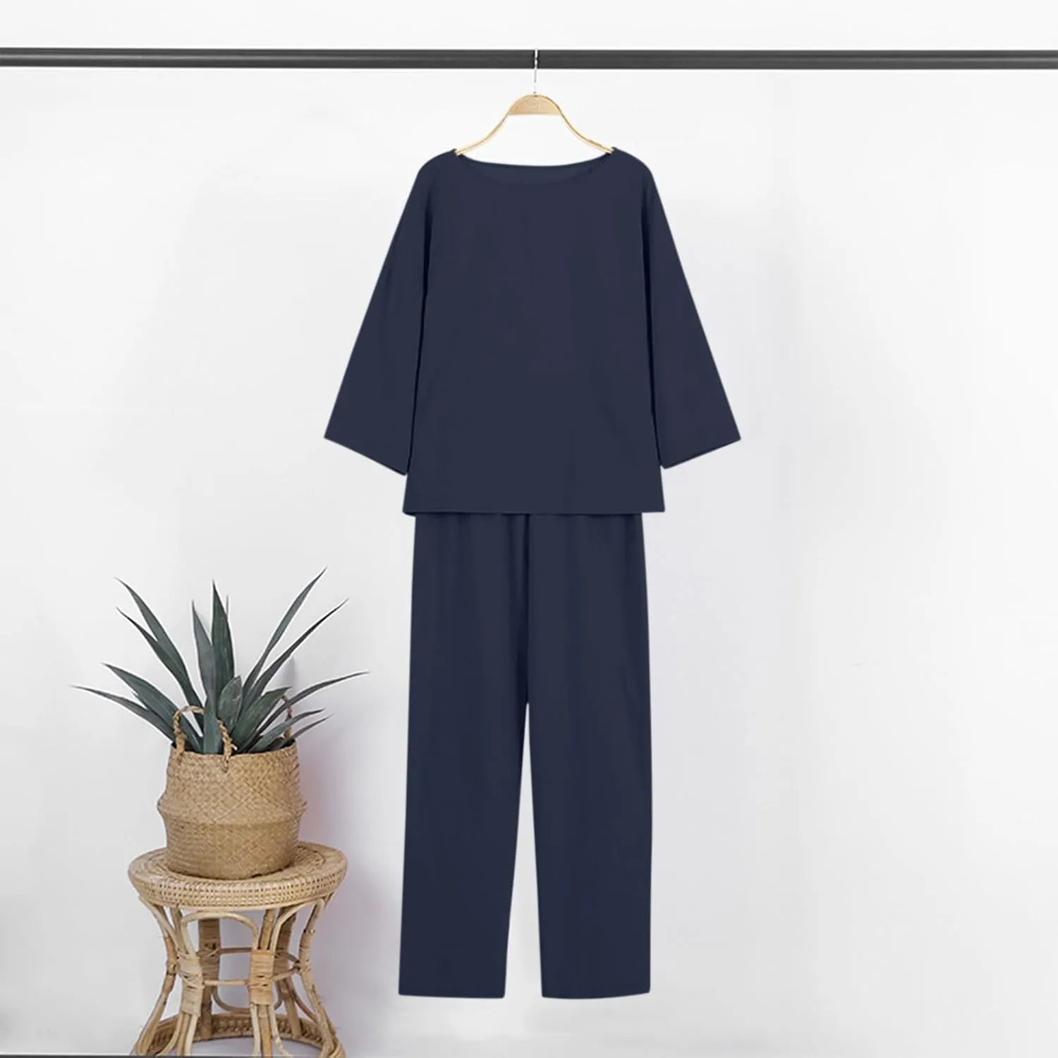 Women 2 Piece Linen Sets 2024 Long Sleeve Shirt Drawstring Wide Leg Pants Set Summer Outfits Linen Pant Suits Women