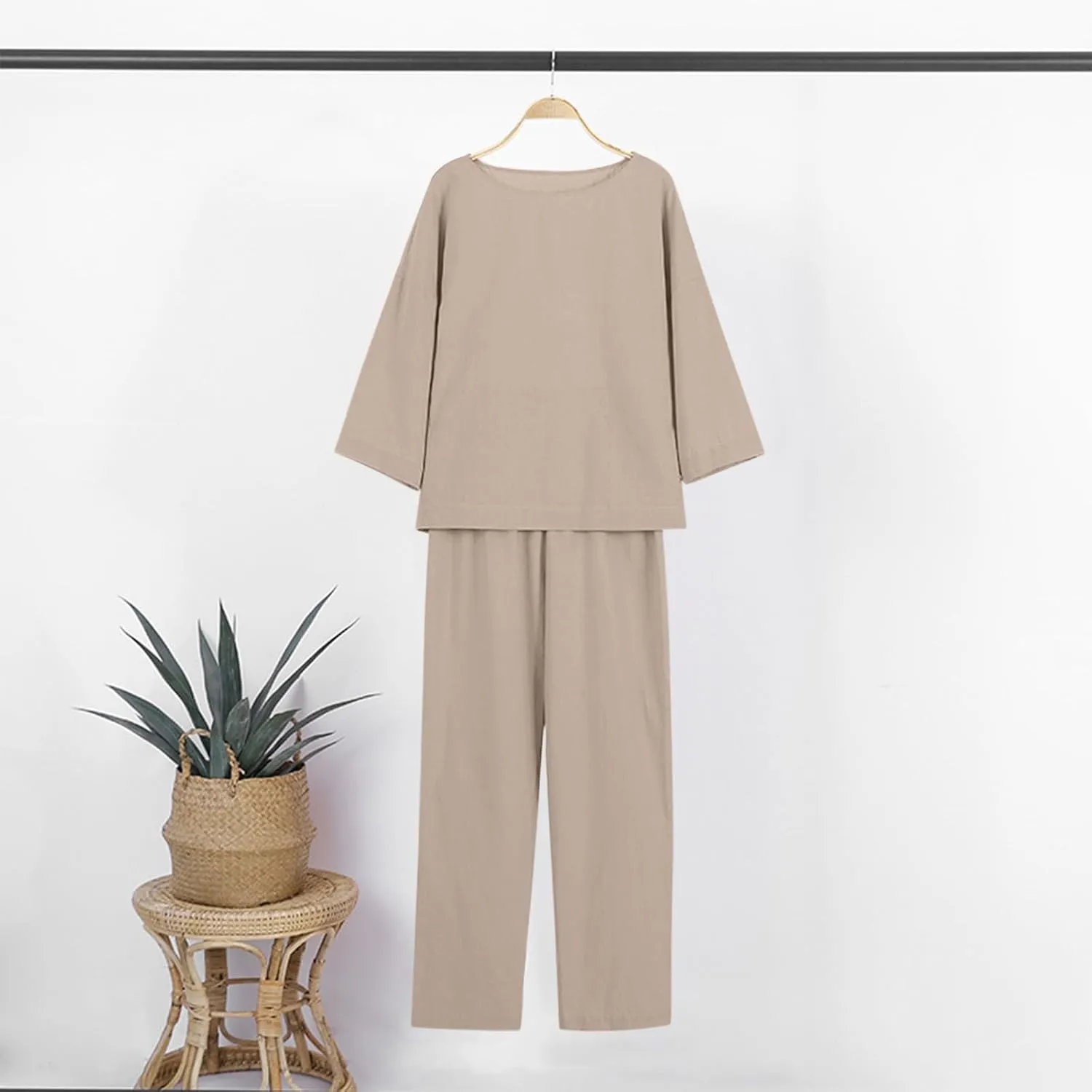 Women 2 Piece Linen Sets 2024 Long Sleeve Shirt Drawstring Wide Leg Pants Set Summer Outfits Linen Pant Suits Women