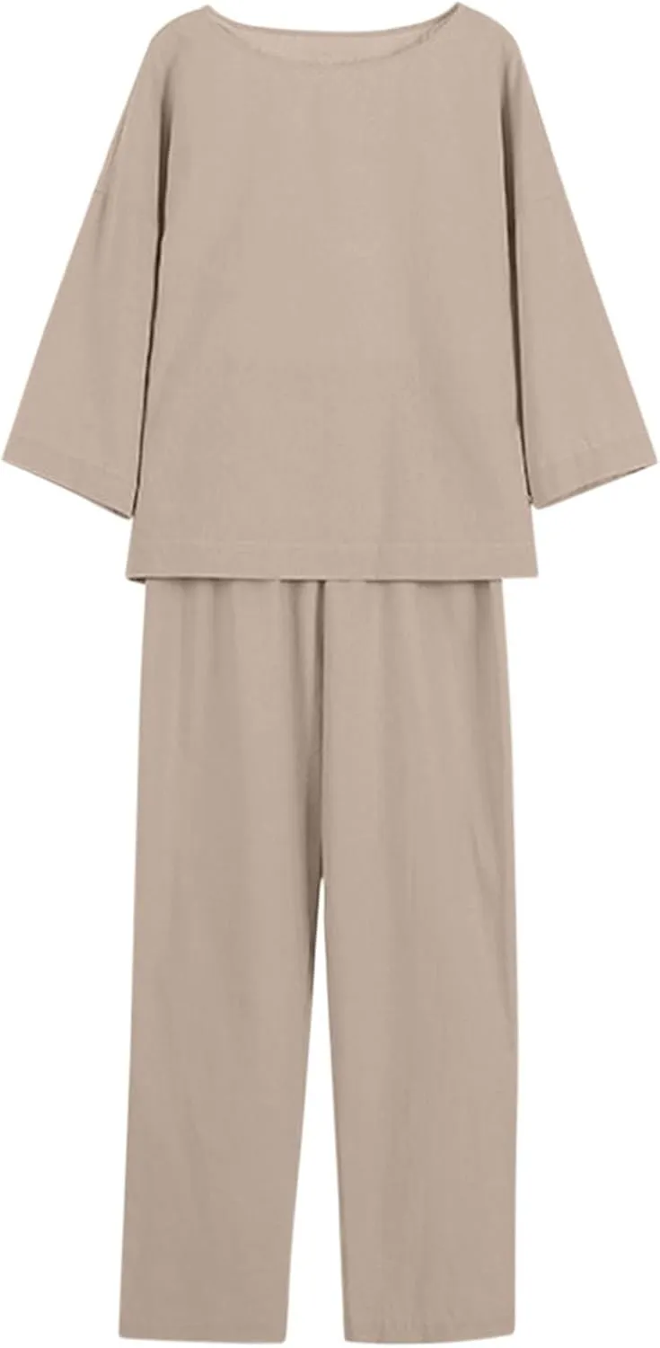 Women 2 Piece Linen Sets 2024 Long Sleeve Shirt Drawstring Wide Leg Pants Set Summer Outfits Linen Pant Suits Women