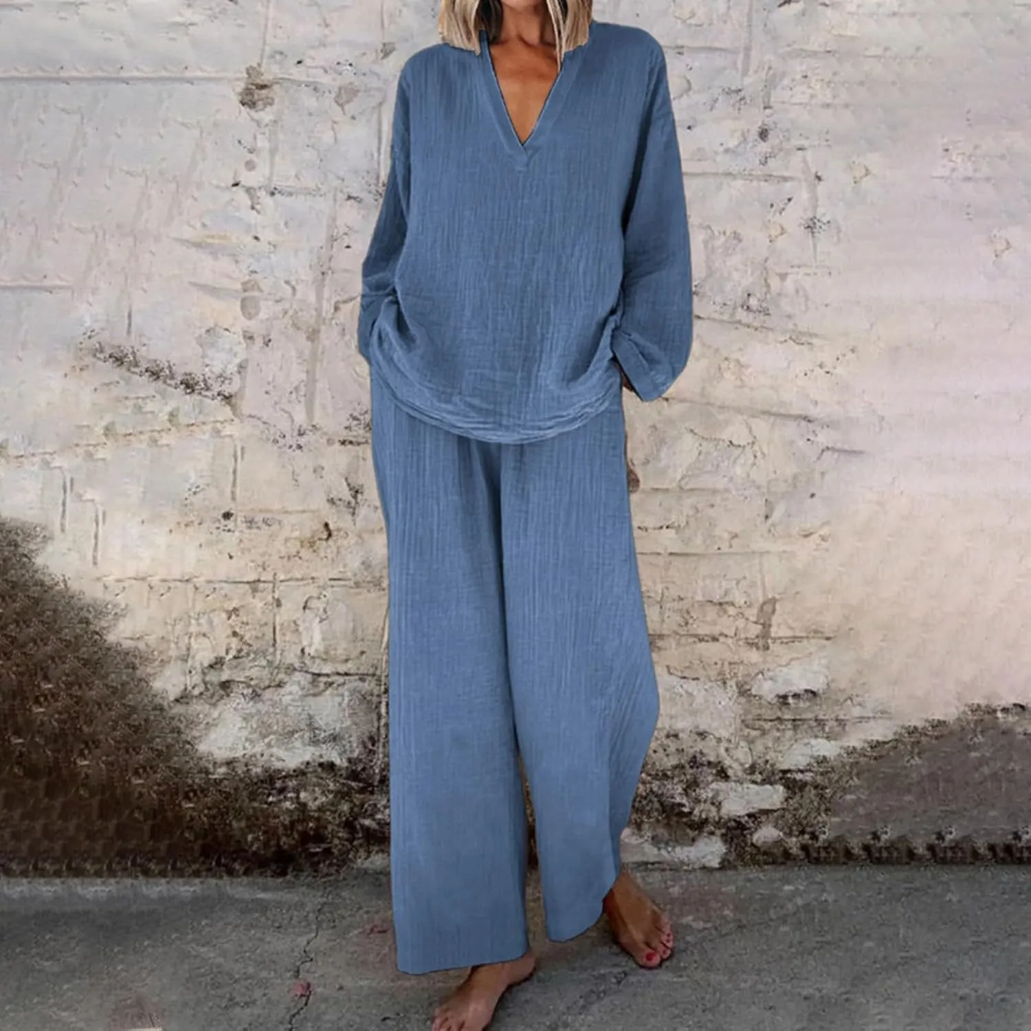 Women 2 Piece Linen Sets 2024 Long Sleeve Shirt Drawstring Wide Leg Pants Set Summer Outfits Linen Pant Suits Women