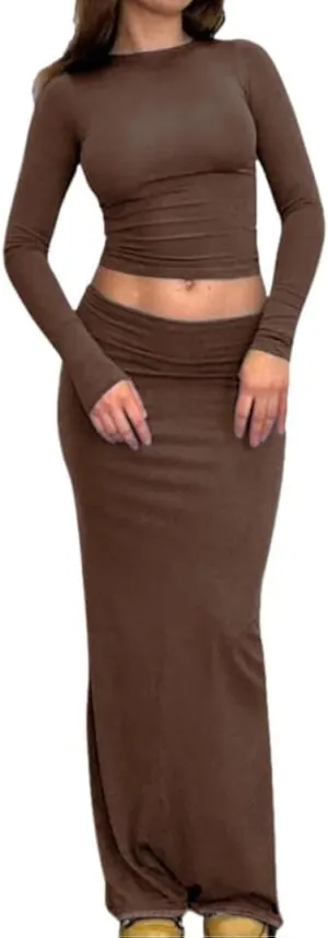 Women 2 Piece Skirt Outfits Y2K Long Sleeve Crop Tops Bodycon Maxi Skirt Set Solid Ruched Fall Suits Streetwear