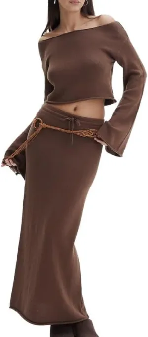 Women 2 Piece Skirt Outfits Y2K Long Sleeve Crop Tops Bodycon Maxi Skirt Set Solid Ruched Fall Suits Streetwear
