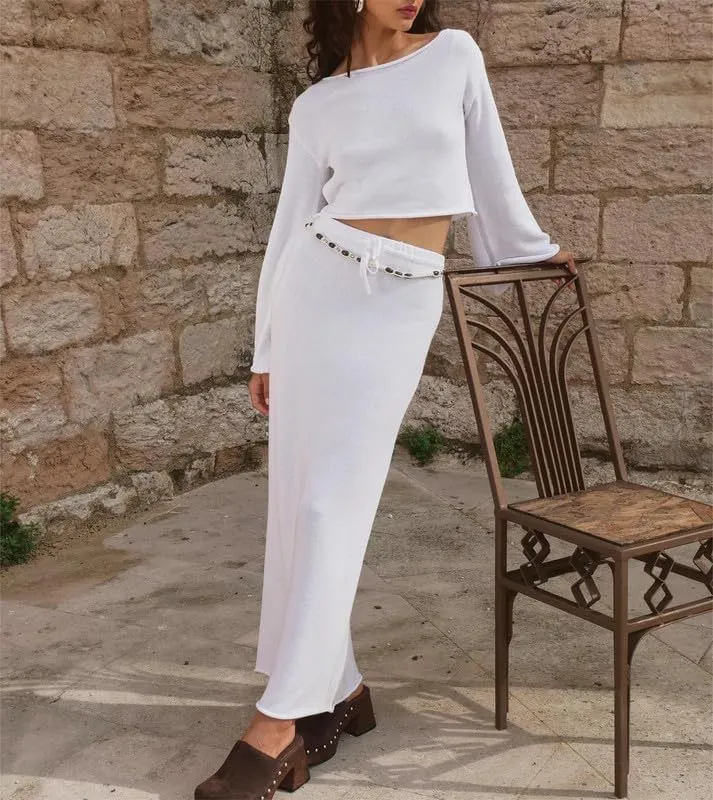 Women 2 Piece Skirt Outfits Y2K Long Sleeve Crop Tops Bodycon Maxi Skirt Set Solid Ruched Fall Suits Streetwear
