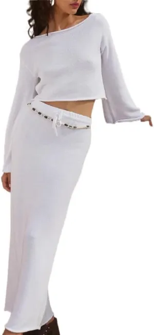 Women 2 Piece Skirt Outfits Y2K Long Sleeve Crop Tops Bodycon Maxi Skirt Set Solid Ruched Fall Suits Streetwear