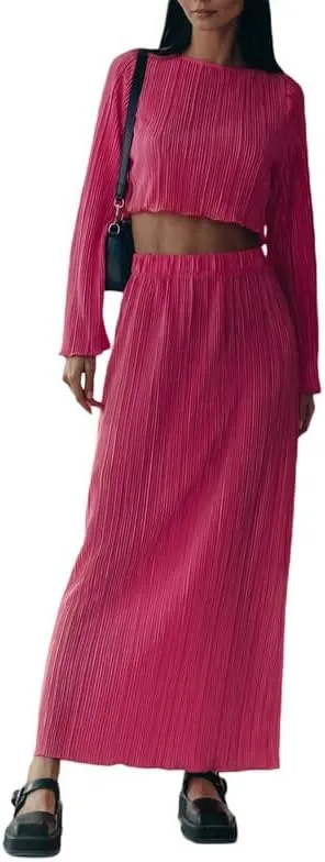 Women 2 Piece Skirt Outfits Y2K Long Sleeve Crop Tops Bodycon Maxi Skirt Set Solid Ruched Fall Suits Streetwear