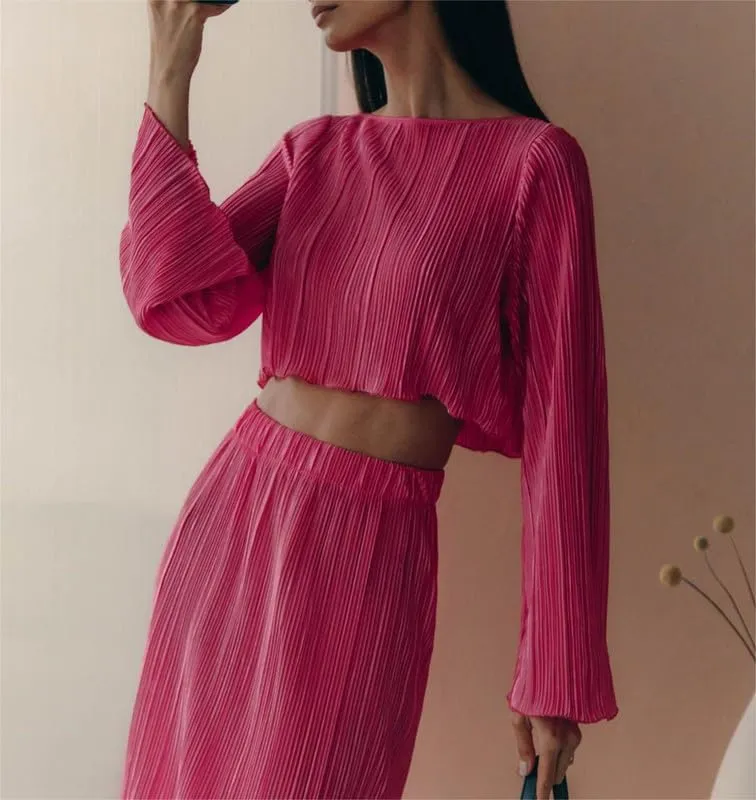 Women 2 Piece Skirt Outfits Y2K Long Sleeve Crop Tops Bodycon Maxi Skirt Set Solid Ruched Fall Suits Streetwear
