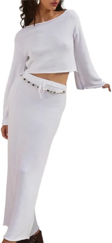 Women 2 Piece Skirt Outfits Y2K Long Sleeve Crop Tops Bodycon Maxi Skirt Set Solid Ruched Fall Suits Streetwear