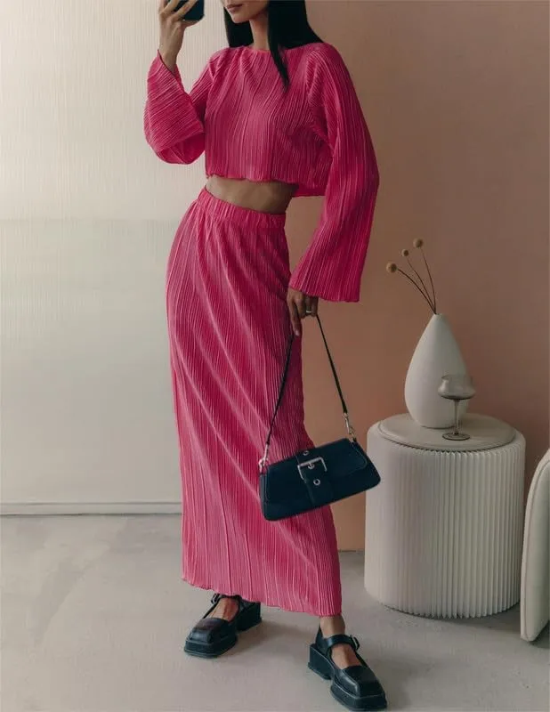 Women 2 Piece Skirt Outfits Y2K Long Sleeve Crop Tops Bodycon Maxi Skirt Set Solid Ruched Fall Suits Streetwear
