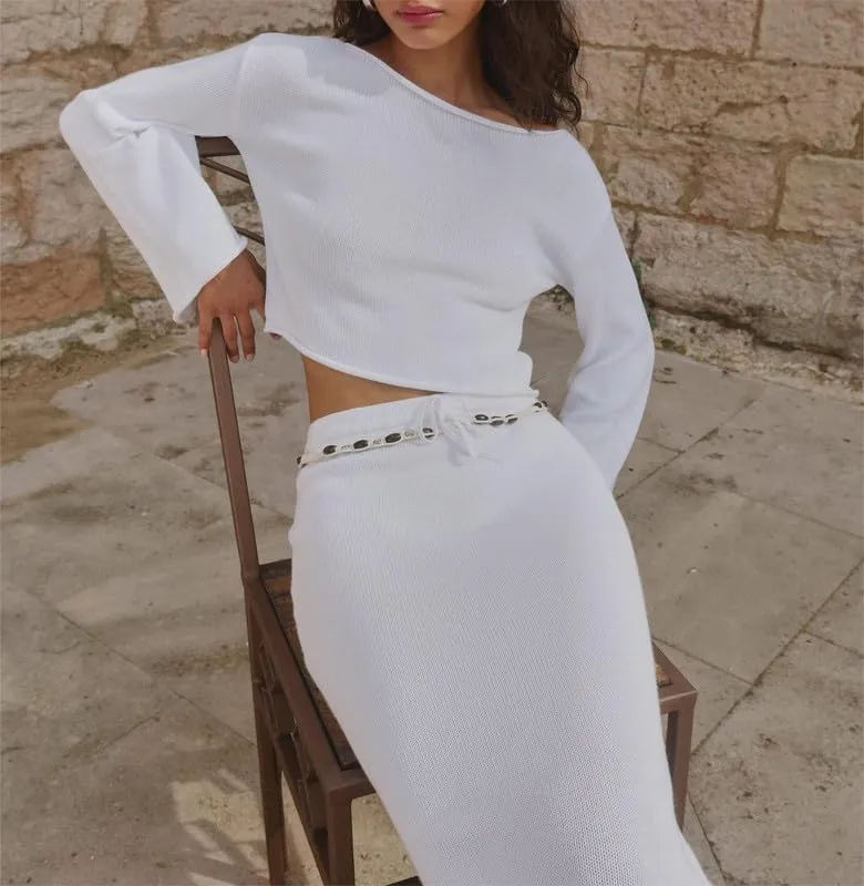 Women 2 Piece Skirt Outfits Y2K Long Sleeve Crop Tops Bodycon Maxi Skirt Set Solid Ruched Fall Suits Streetwear