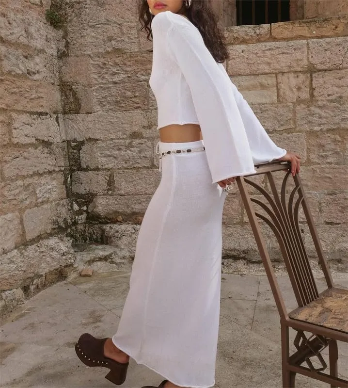 Women 2 Piece Skirt Outfits Y2K Long Sleeve Crop Tops Bodycon Maxi Skirt Set Solid Ruched Fall Suits Streetwear