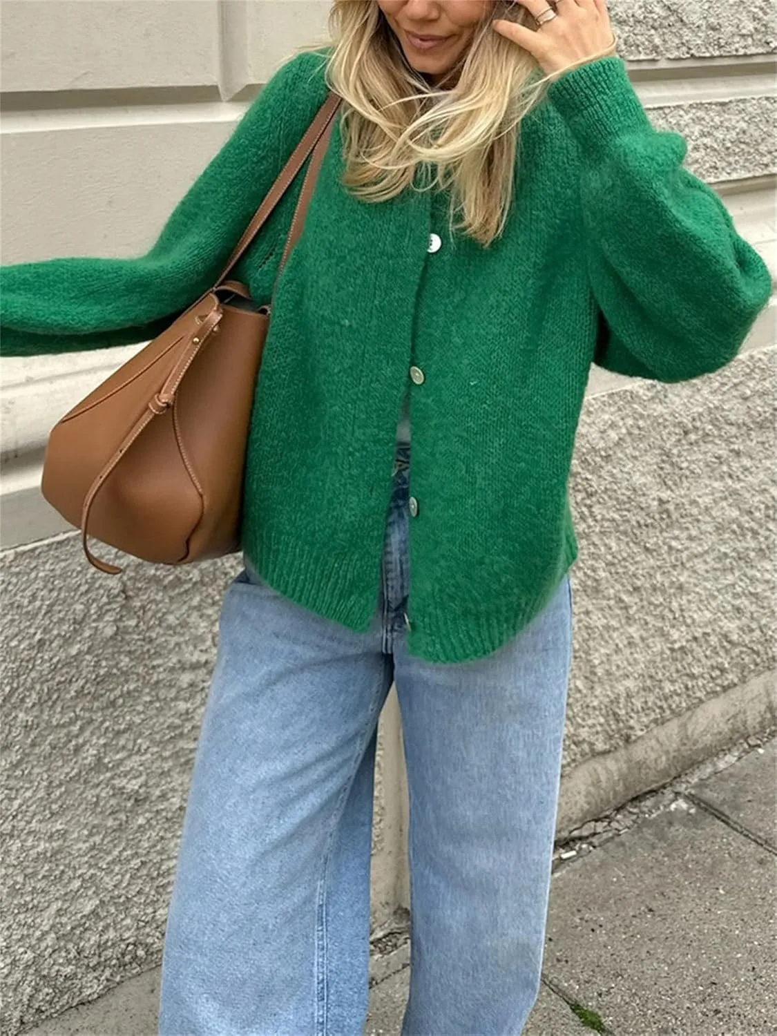 Women Chunky Knit Cardigan Y2k Long Latern Sleeve Crew Neck Button Up Open Front Cable Knitted Short Sweater Jackets