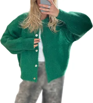 Women Chunky Knit Cardigan Y2k Long Latern Sleeve Crew Neck Button Up Open Front Cable Knitted Short Sweater Jackets