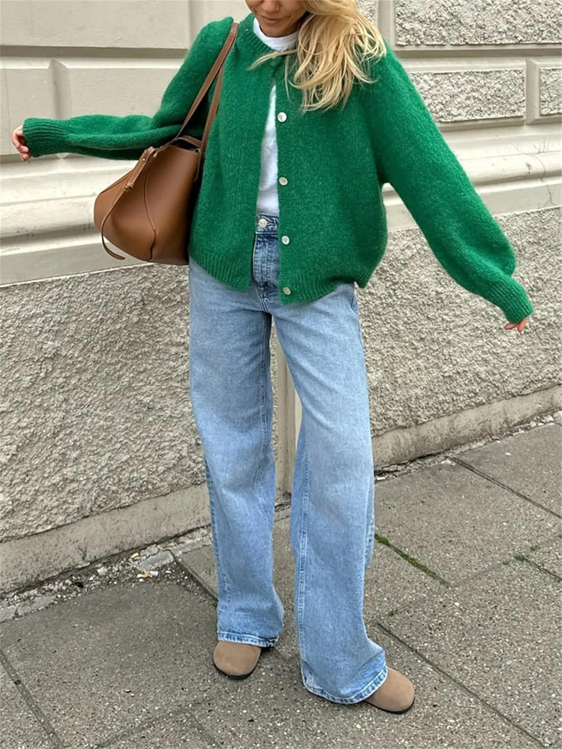 Women Chunky Knit Cardigan Y2k Long Latern Sleeve Crew Neck Button Up Open Front Cable Knitted Short Sweater Jackets