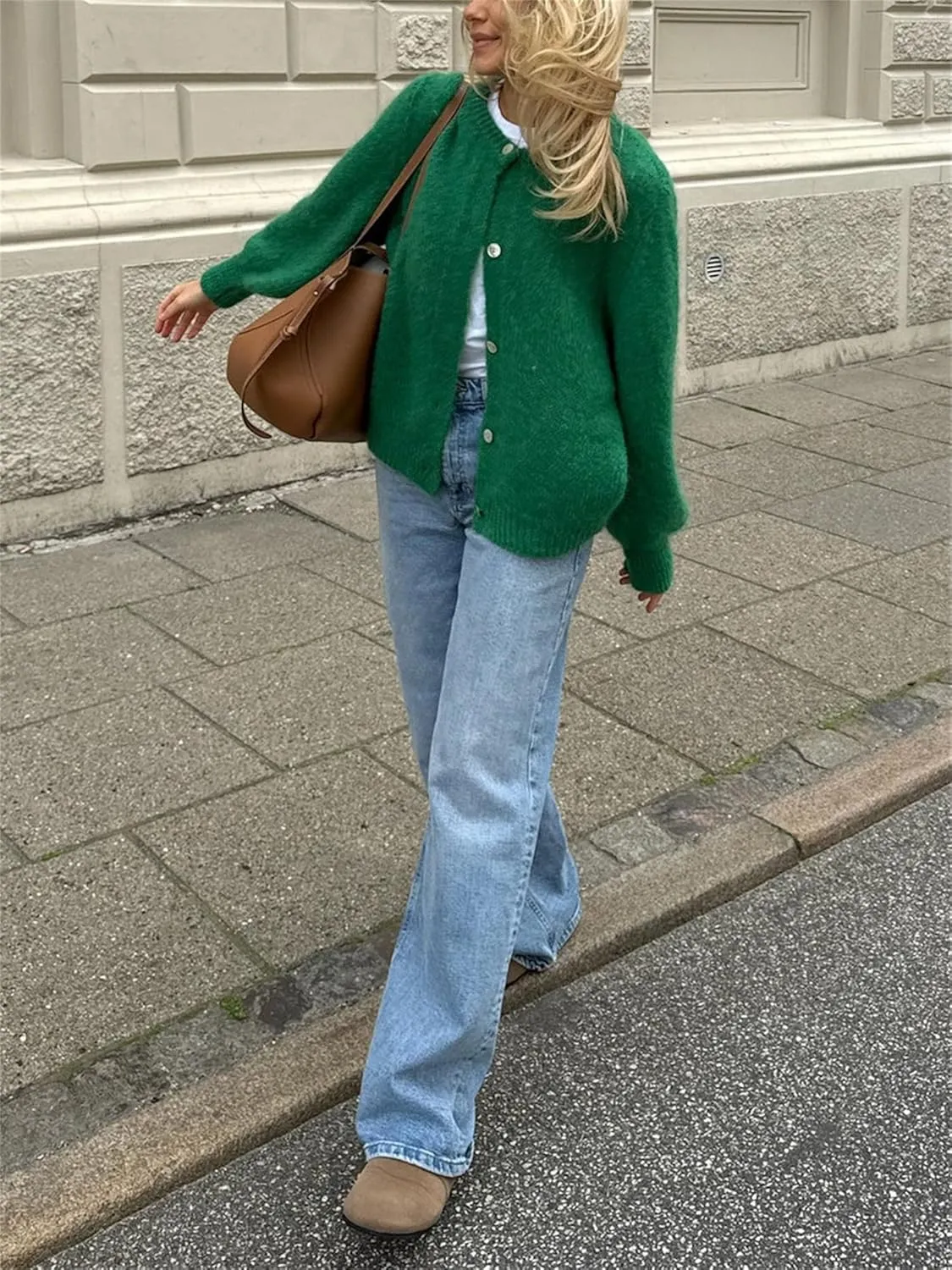 Women Chunky Knit Cardigan Y2k Long Latern Sleeve Crew Neck Button Up Open Front Cable Knitted Short Sweater Jackets