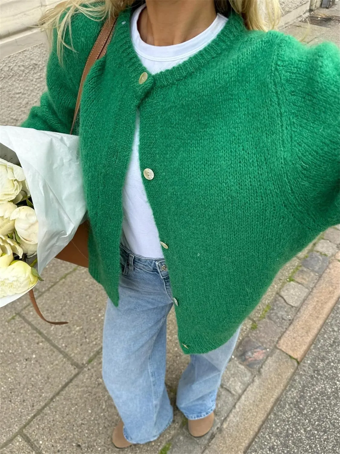 Women Chunky Knit Cardigan Y2k Long Latern Sleeve Crew Neck Button Up Open Front Cable Knitted Short Sweater Jackets