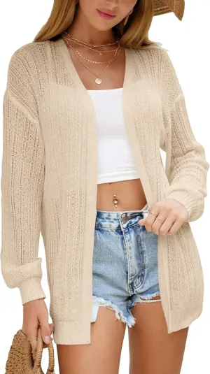 Women Crochet Cardigan Cover Up Lightweight Knit Kimono Open Front Long Sleeve Cardigans