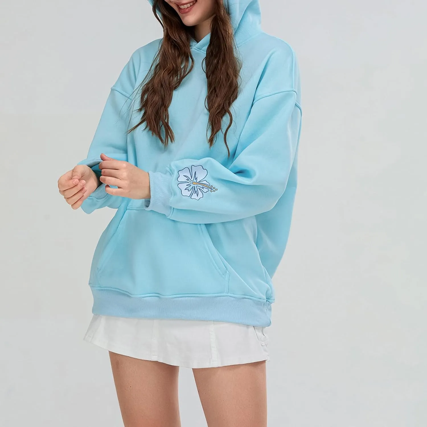 Women Embroidered Hoodies Y2K Long Sleeve Hooded Cute Preppy Fleece Pullover Sweatshirts with Pockets