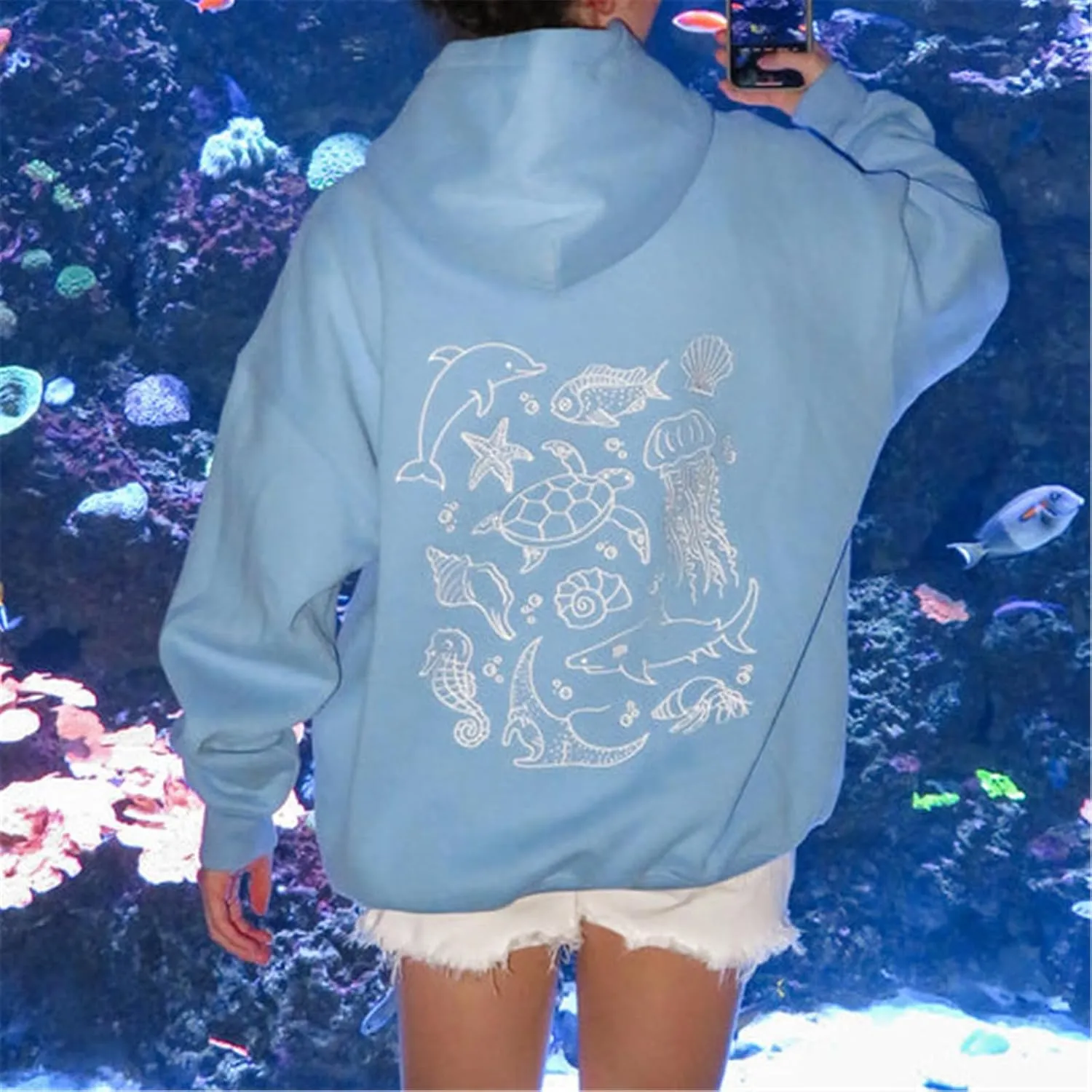 Women Embroidered Hoodies Y2K Long Sleeve Hooded Cute Preppy Fleece Pullover Sweatshirts with Pockets