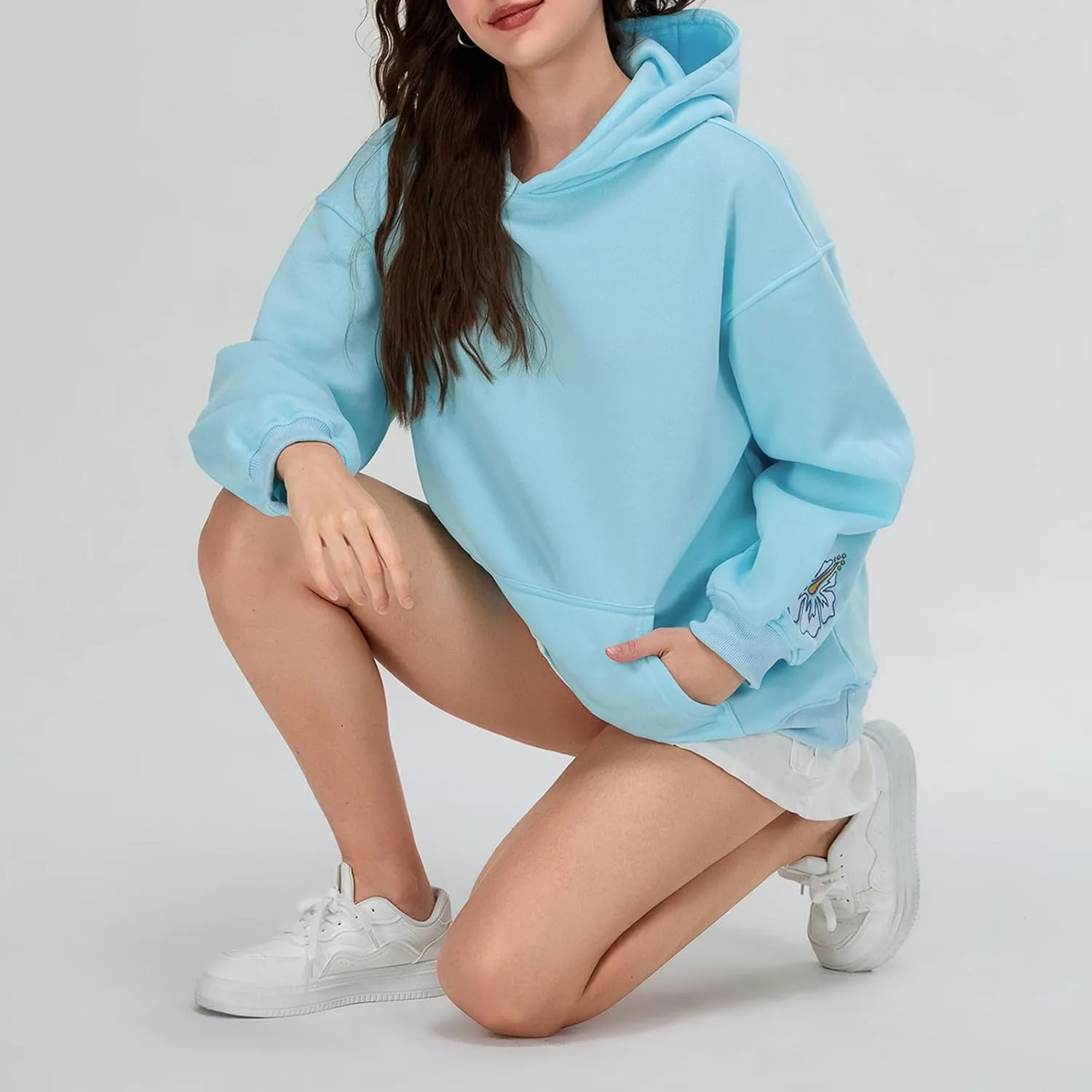 Women Embroidered Hoodies Y2K Long Sleeve Hooded Cute Preppy Fleece Pullover Sweatshirts with Pockets
