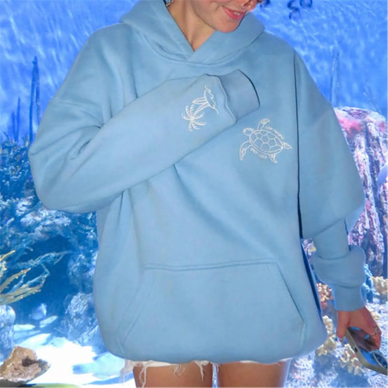 Women Embroidered Hoodies Y2K Long Sleeve Hooded Cute Preppy Fleece Pullover Sweatshirts with Pockets